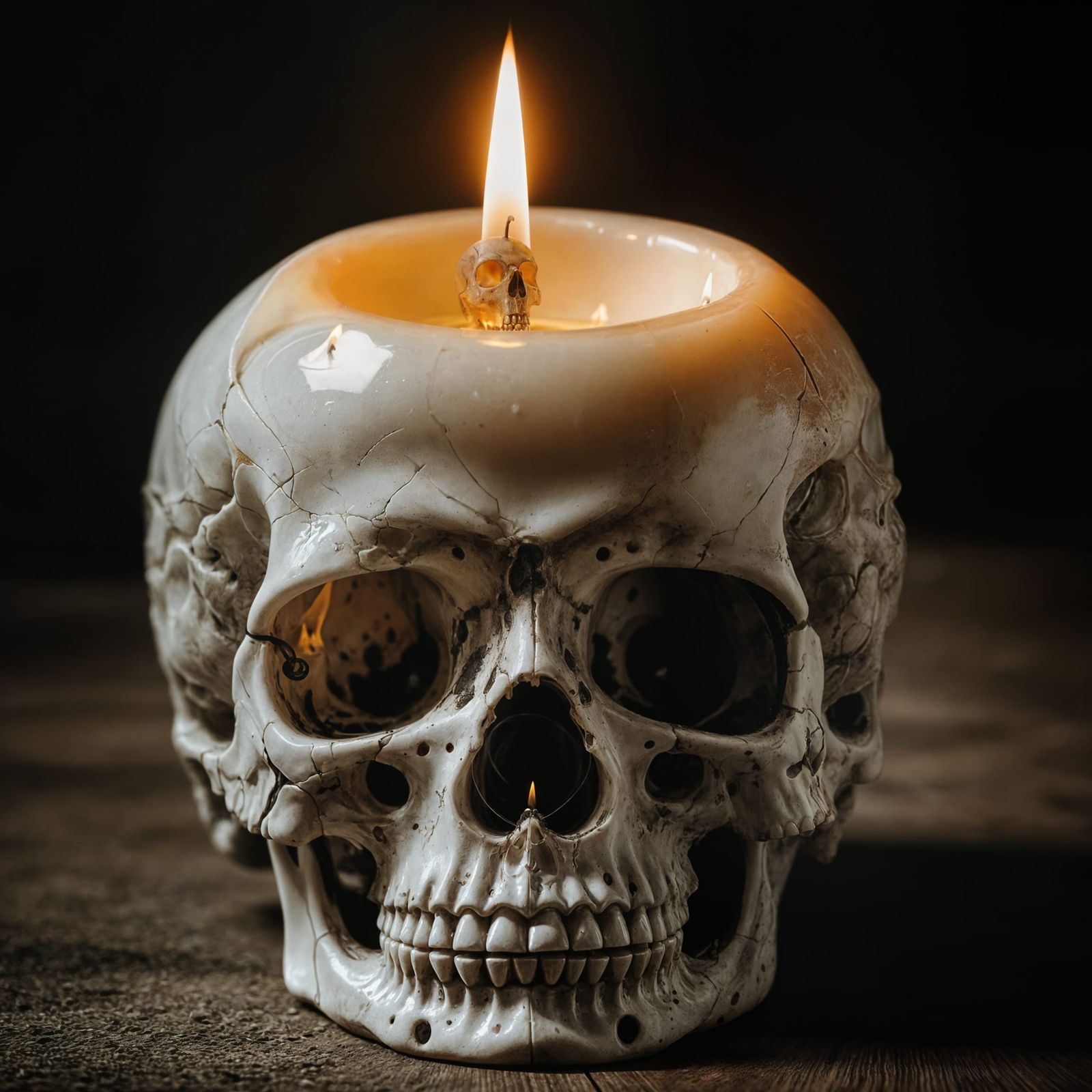 Eerie Candle Burning Inside Skull