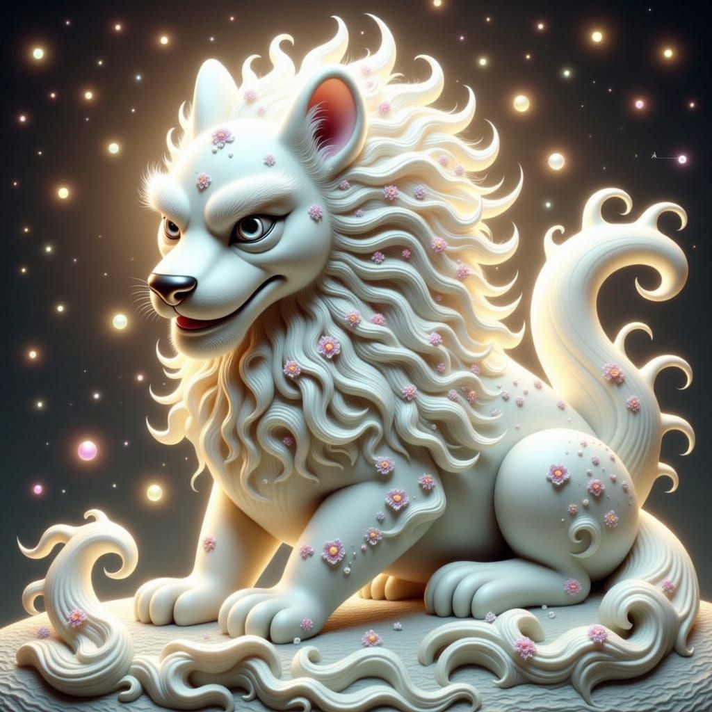 Regal White ShiShi in Dreamy Japanese Landscape