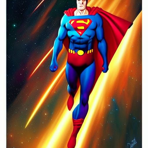 Superman Soaring Through Nebula, Comic Book Art