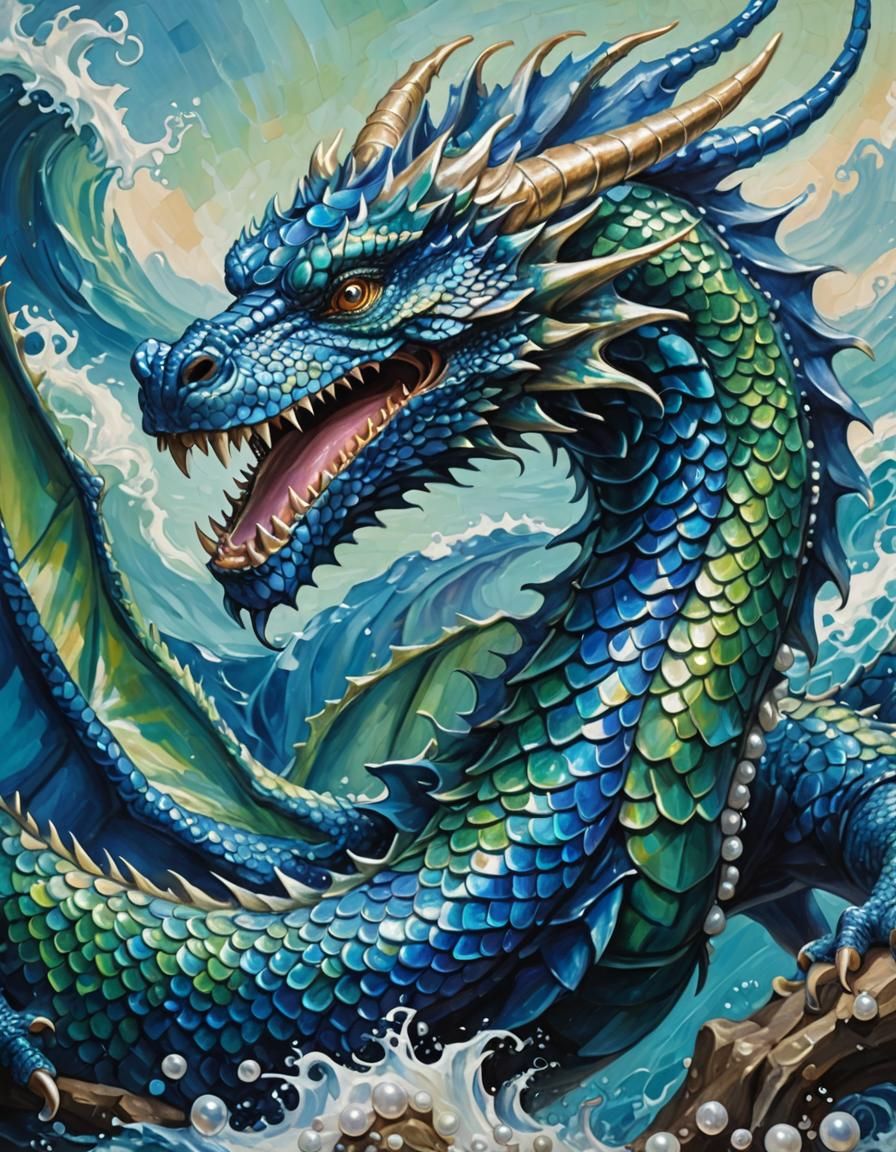 Majestic Blue Dragon Swimming: An Oil Painting
