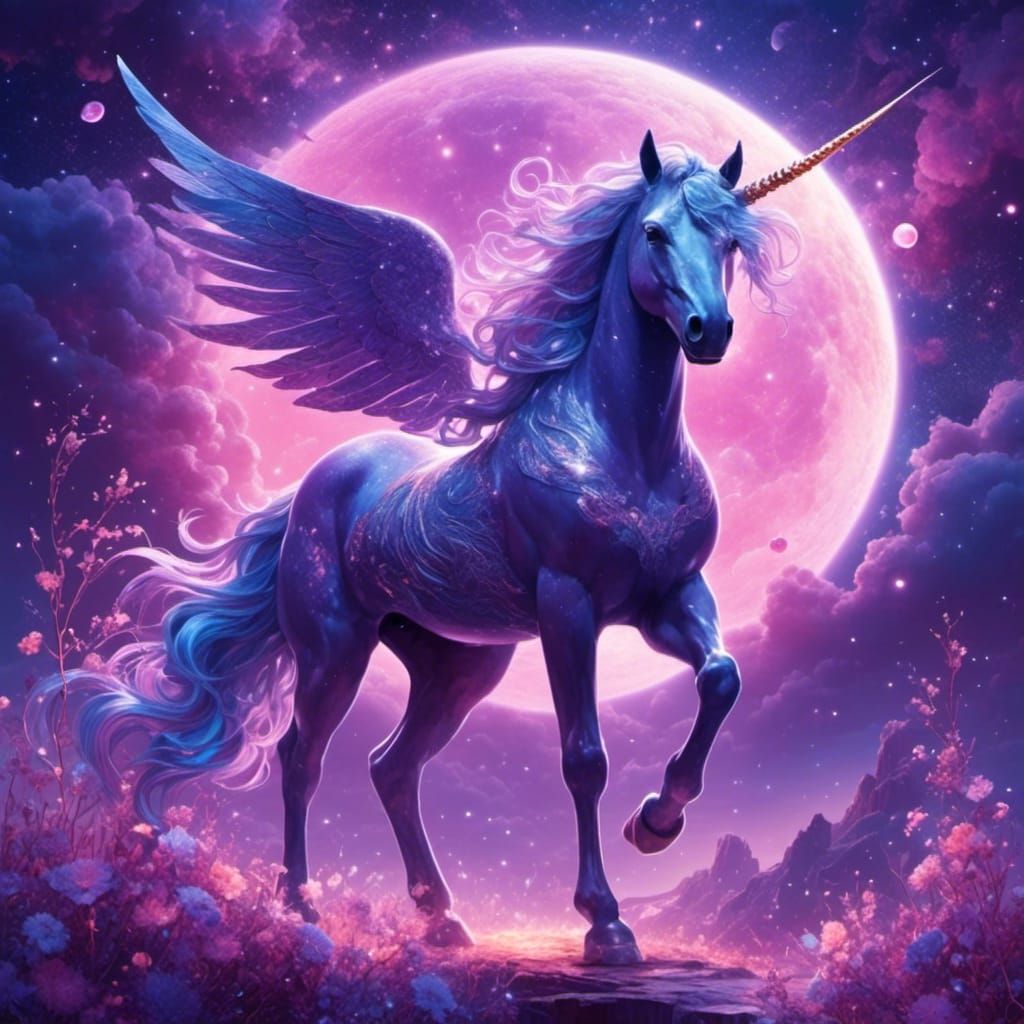 Luminescent Unicorn with Rainbow Wings in Starry Sky