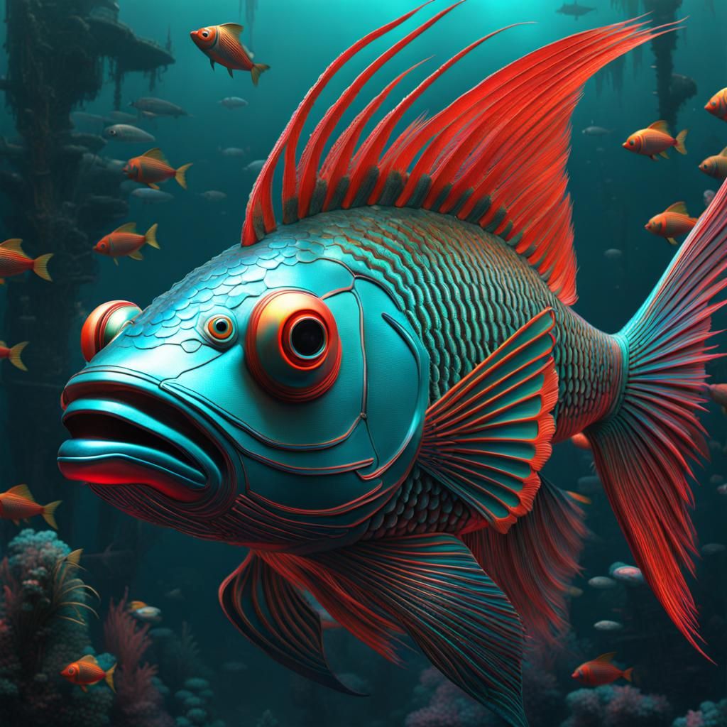 Cyberpunk Fish in Quantum Library: Anaglyph Colors