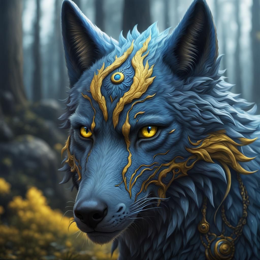 Blue Wolf with Yellow and Blue Eyes: Fantasy Art