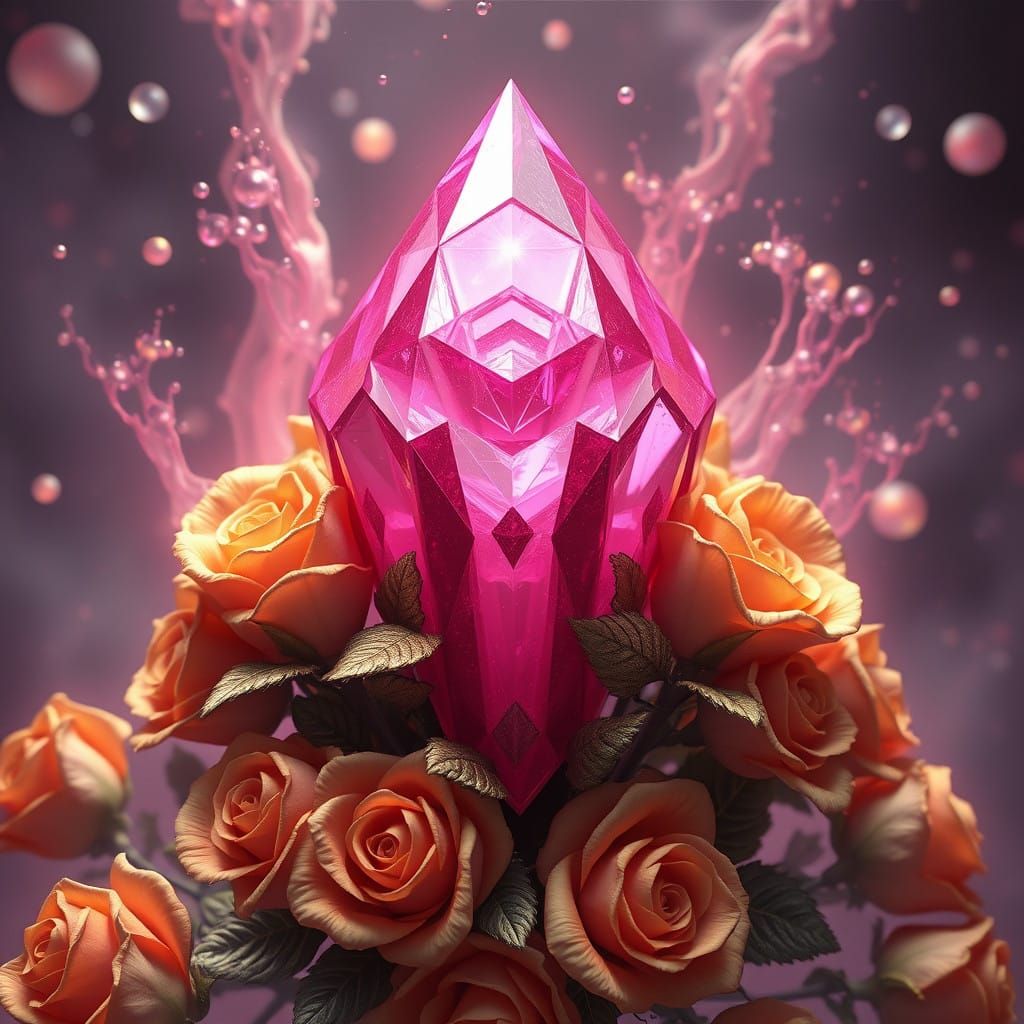 Crystal Pink Diamond Surrounds Vibrant Golden Roses in a Fan...