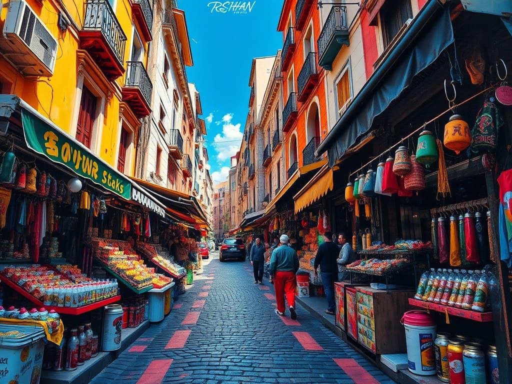 Bustling Street Market Scene with Perspective and Depth