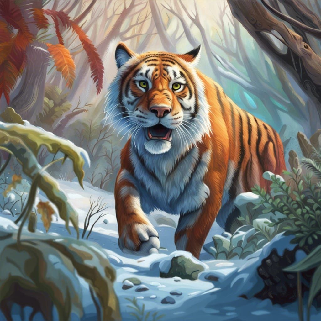 Prehistoric Saber-Tooth Tiger Stalking Rabbit: Hyperrealisti...