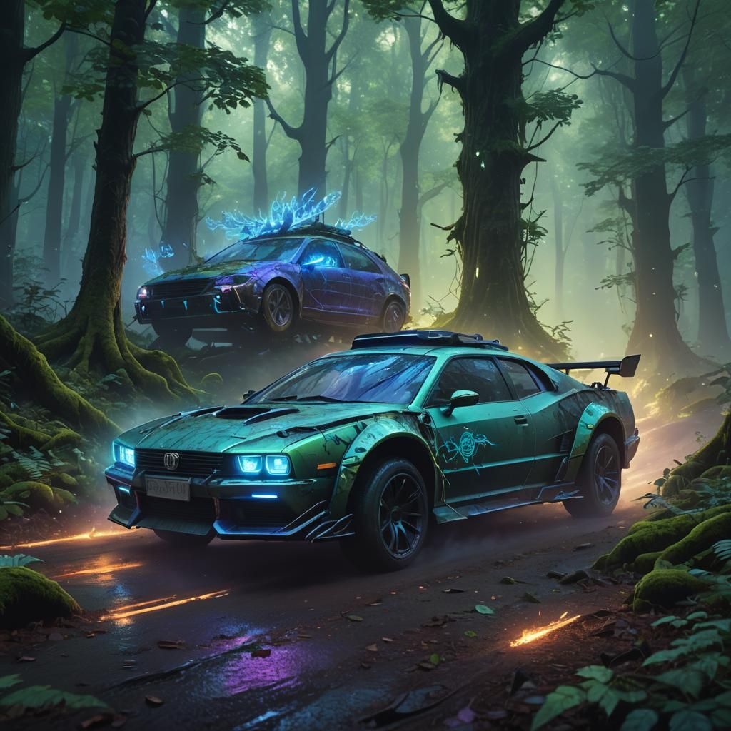Car with Runes in Mystical Forest Concept Art