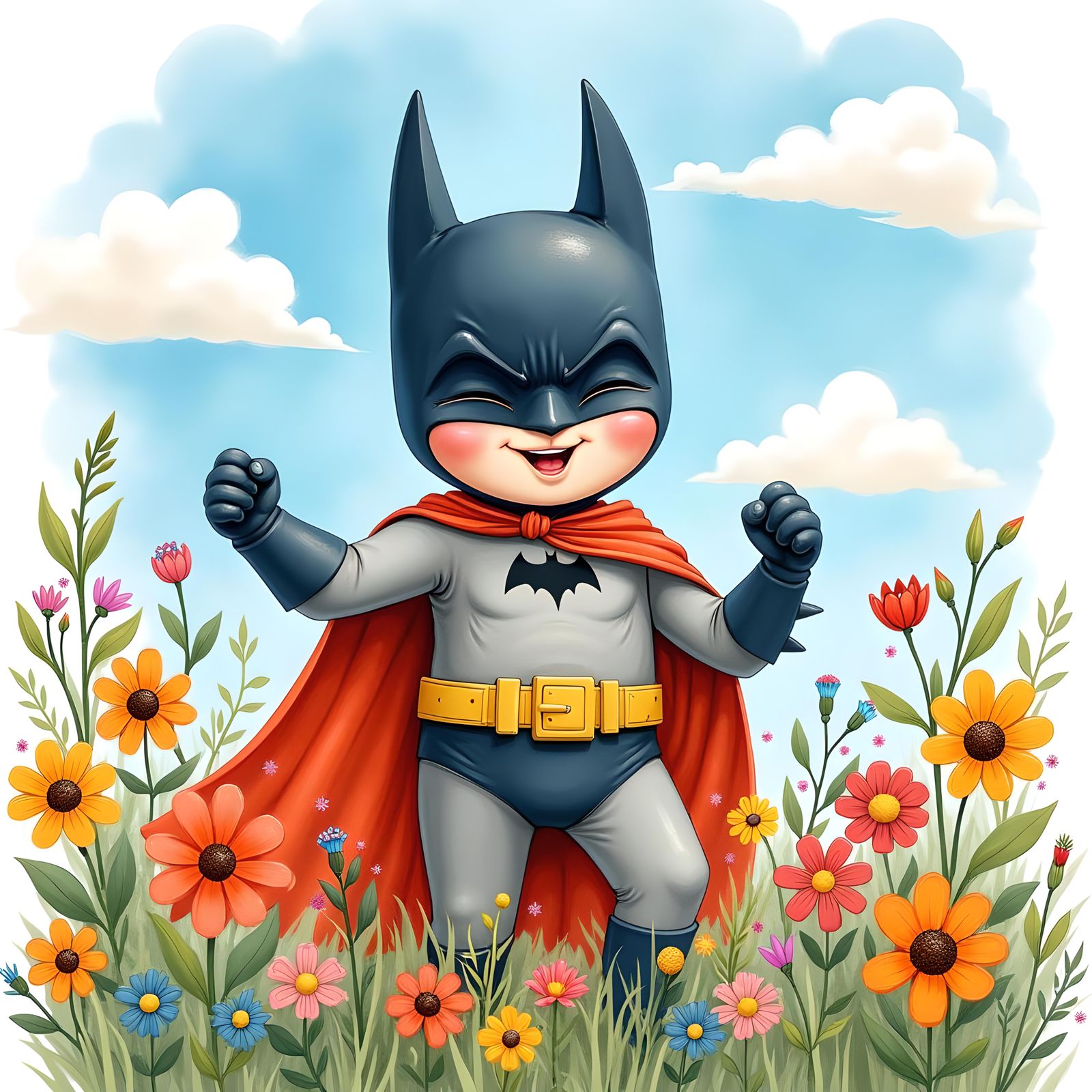 Happy Batman Surrounded by Flowers on Sunny Day