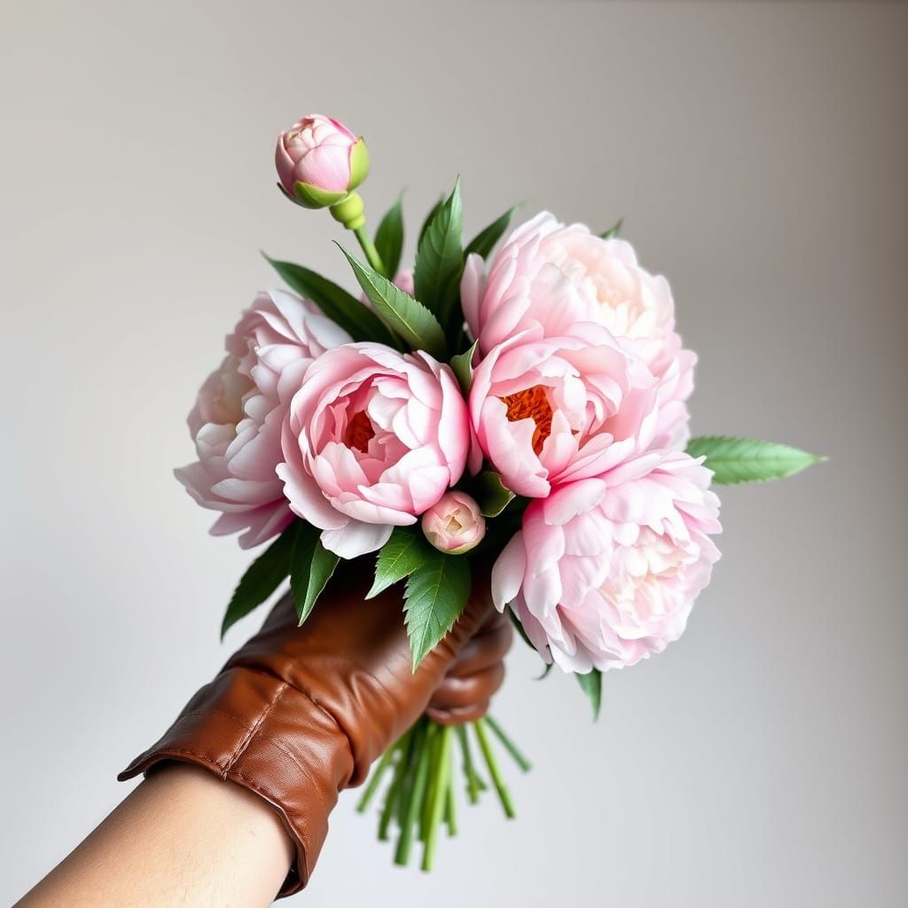 Watercolor Peonies Bouquet in Leather Glove