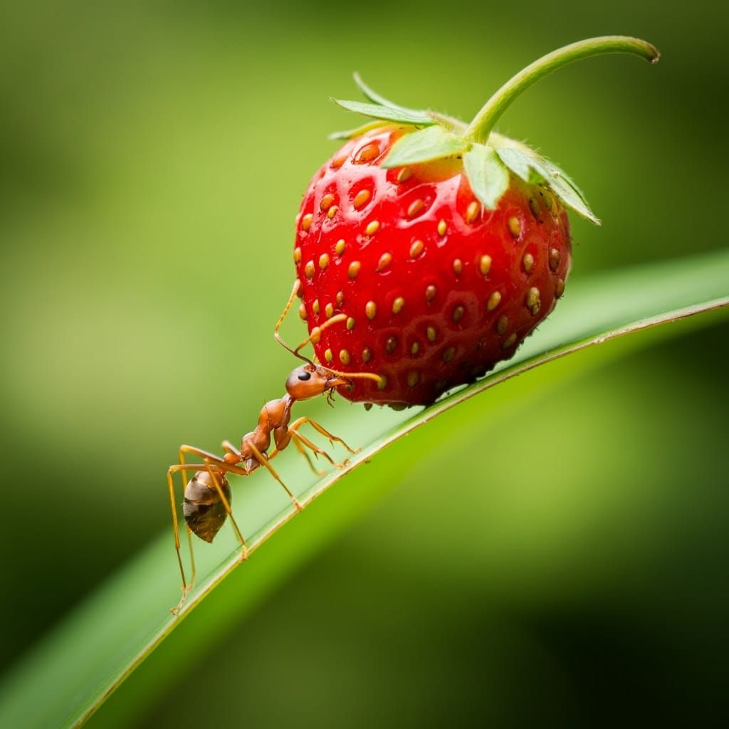 Ant Climbs Banana Leaf with Large Strawberry