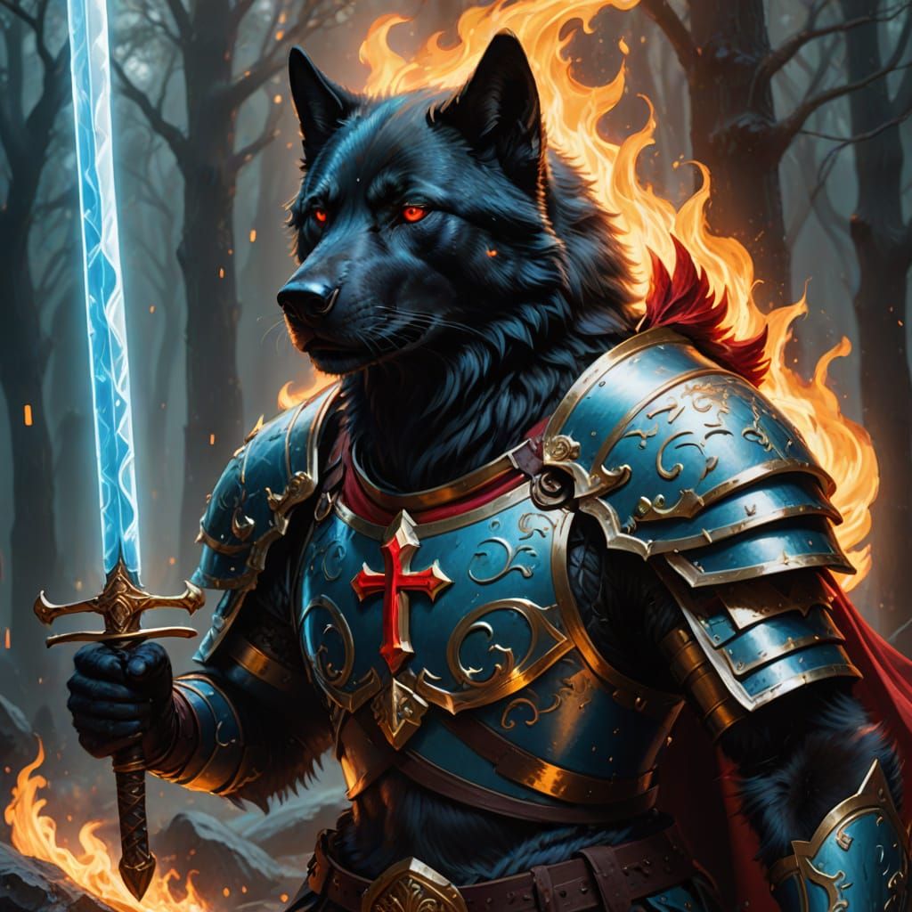 Armored Black Wolf with Flaming Sword in Fantasy Art