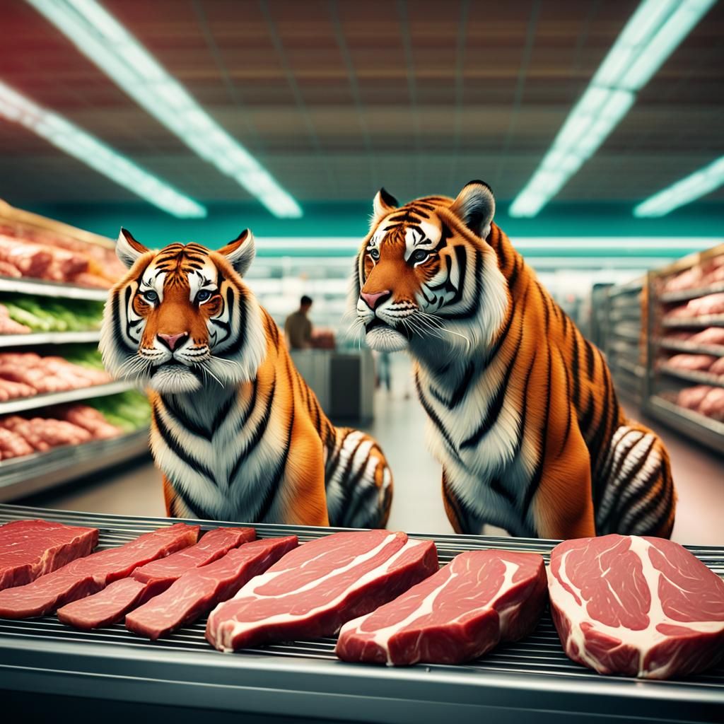 Tigers Shop for Meat in Supermarket, Detailed Painting