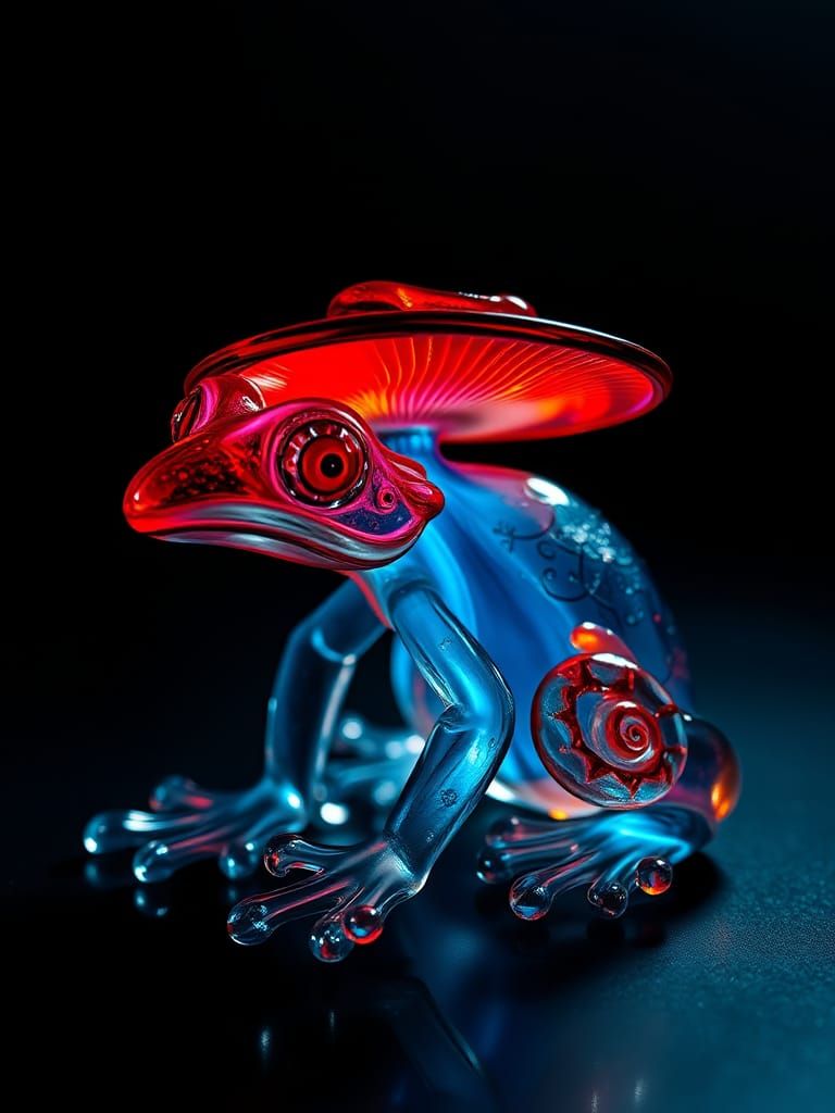Translucent Mushroom Frog Glass Sculpture with Ethereal Glow