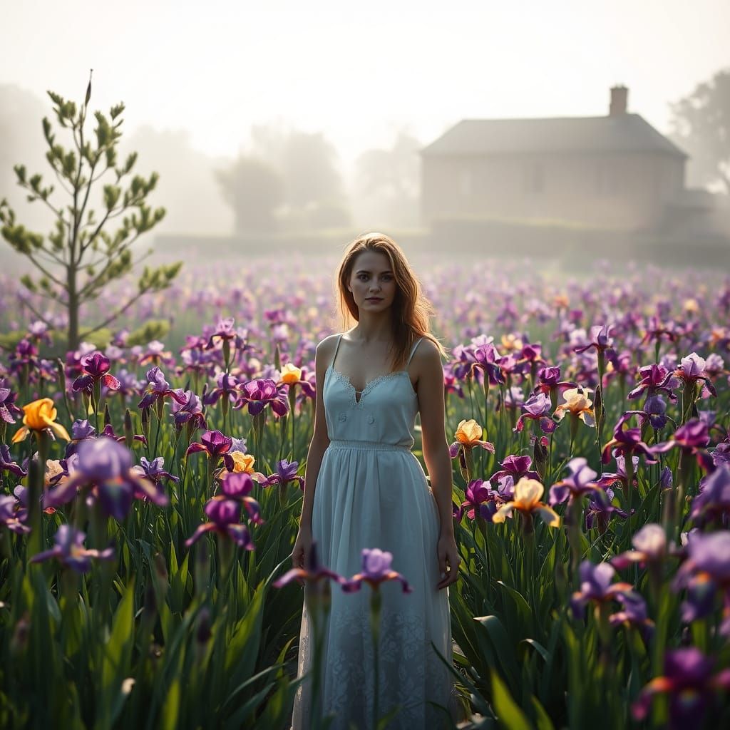 Woman in Iris Garden in Impressionistic Style