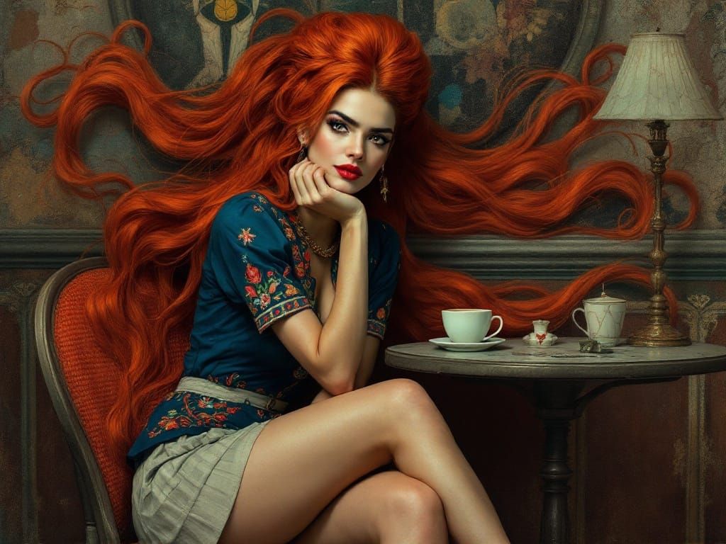 Surreal Portrait of a Fashionable Woman in a Café