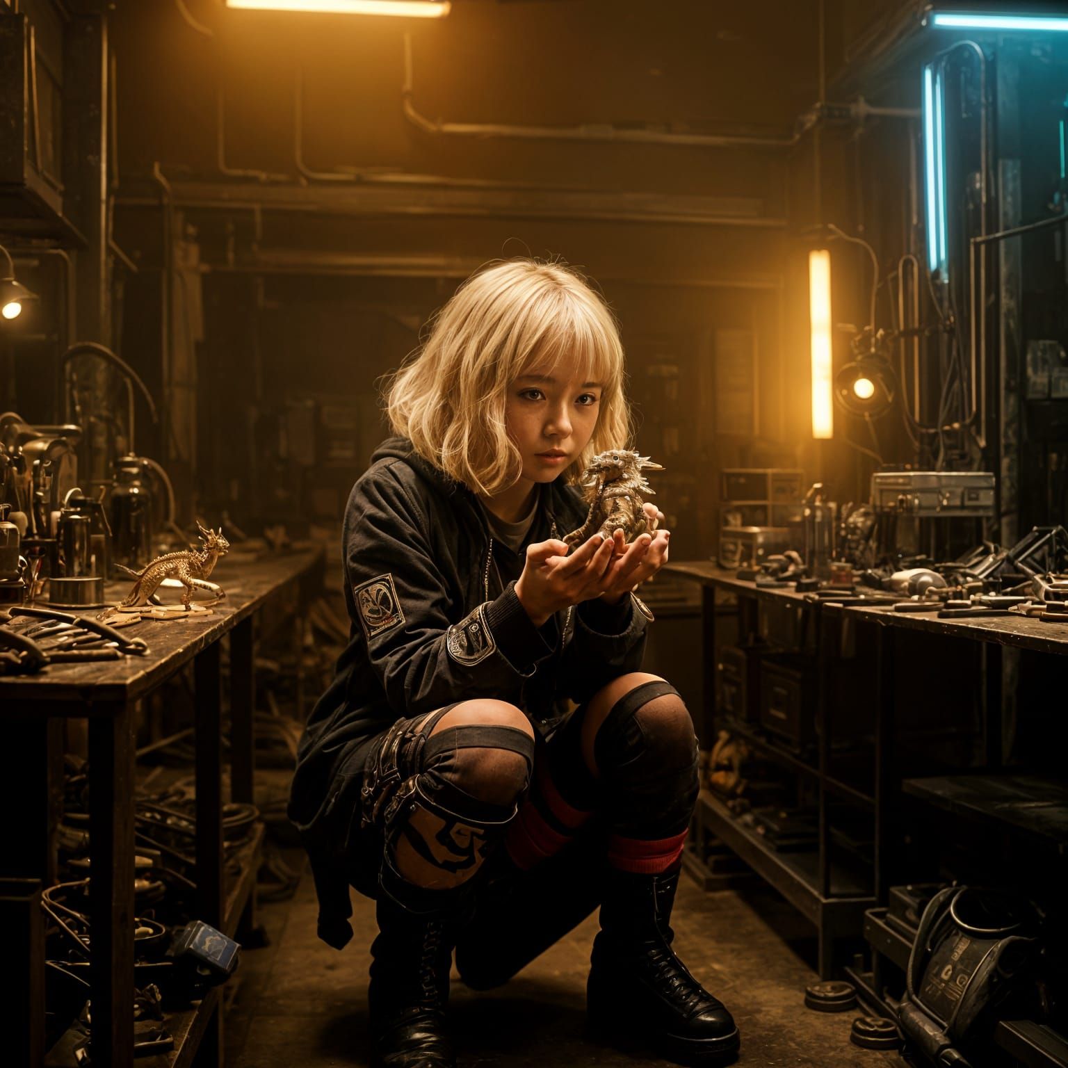 Cyberpunk Girl with Mechanical Dragon in Dieselpunk Setting