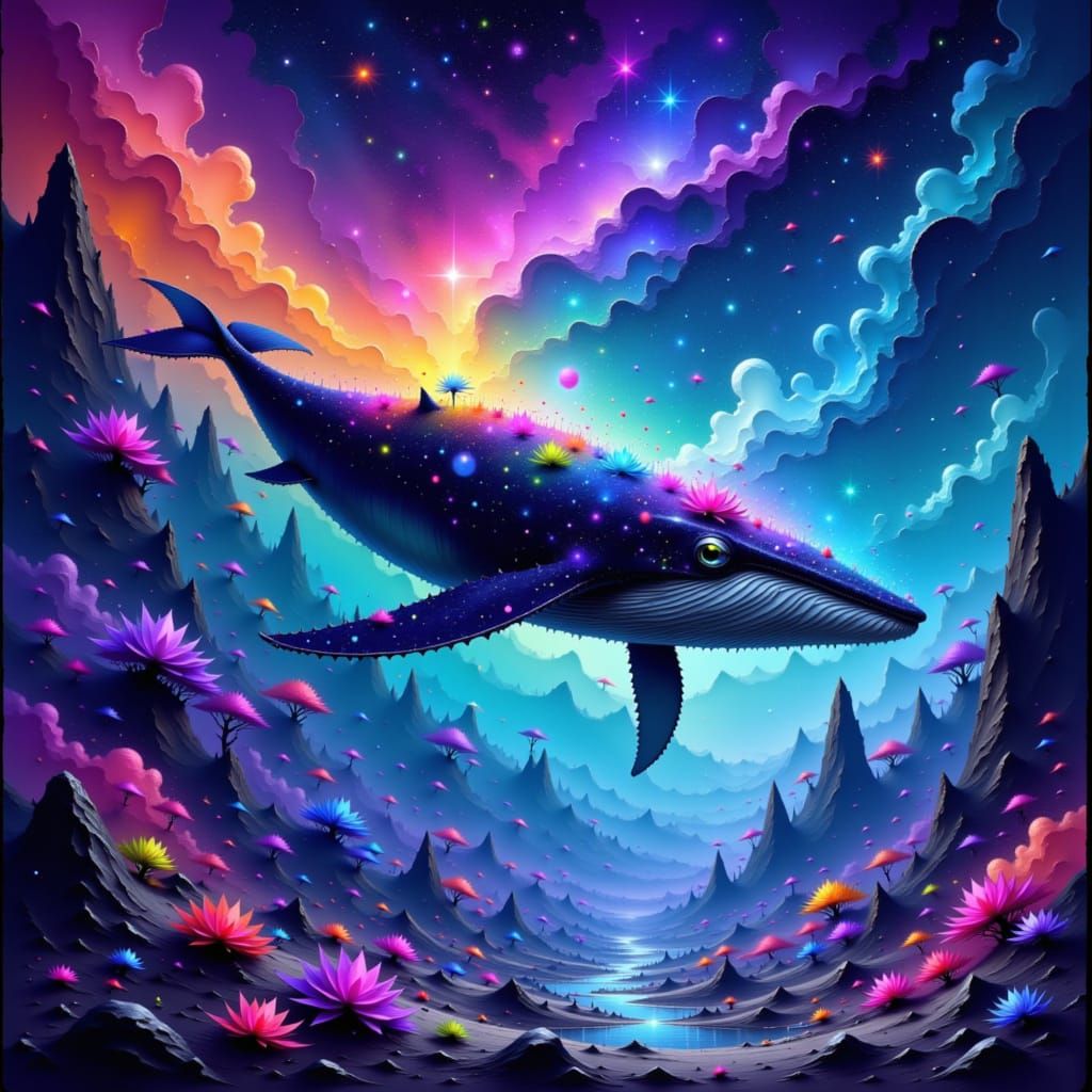 Whale in Cosmic Nebula with Glowing Runes