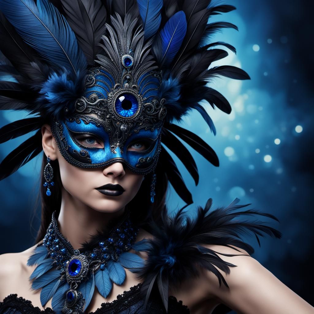 Sapphire and Feathered Masquerade Mask, Digital Art