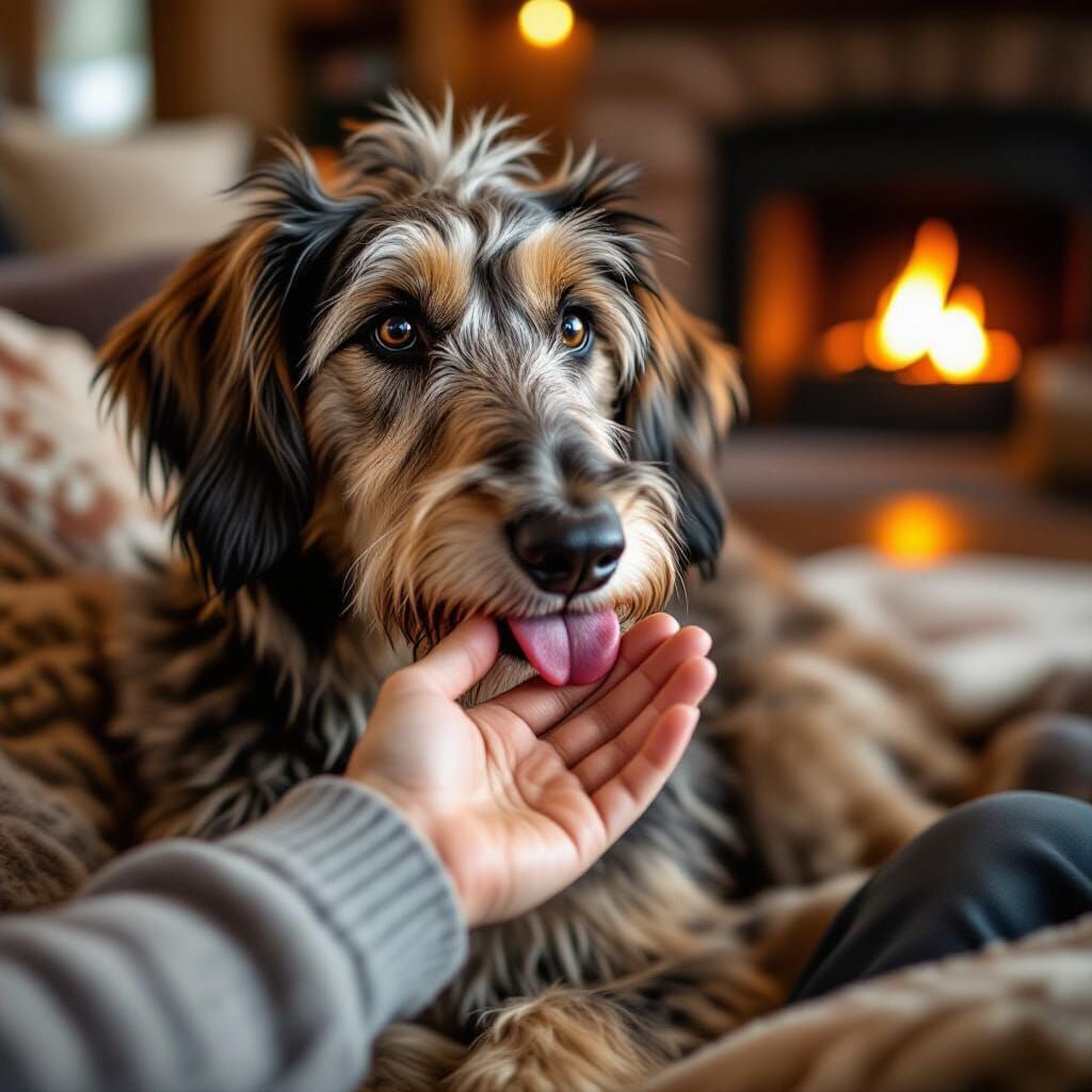 Heartwarming Brindle Scottish Deerhound Licks Master's Hand