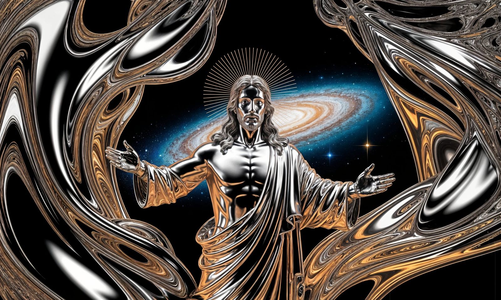 Jesus Christ Emerges from Chrome, Radiant with Divine Light