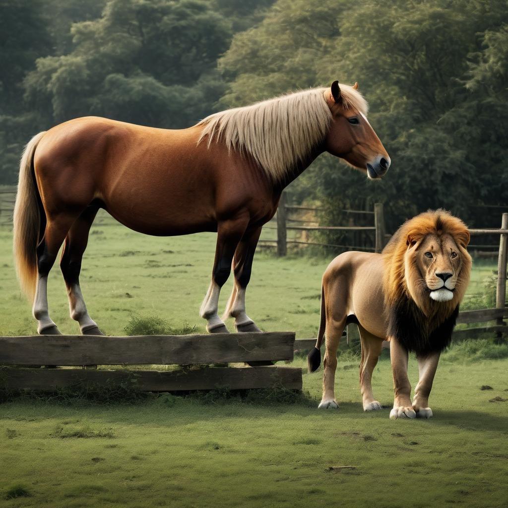 Horse and Lion Together on a Farm