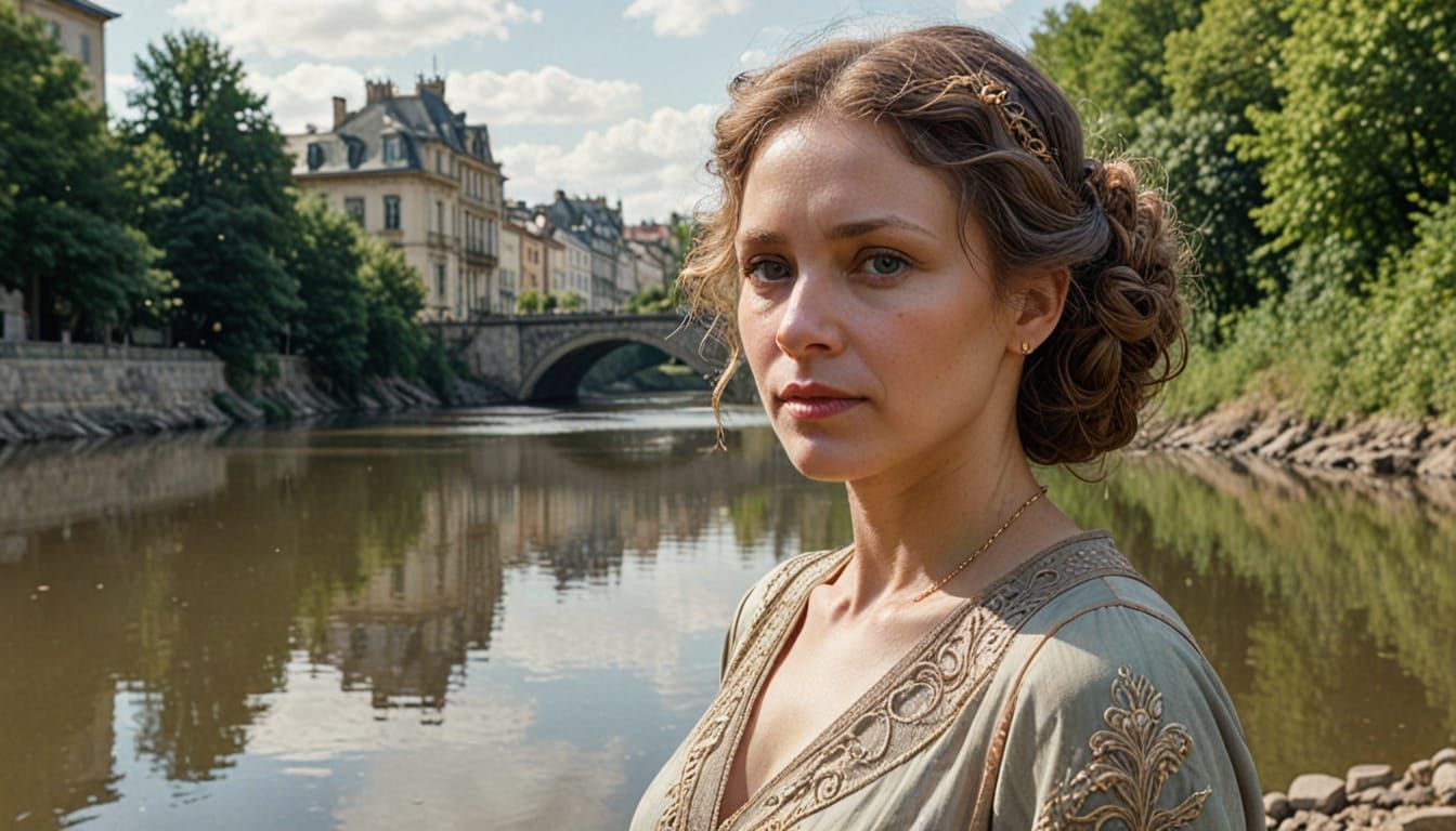 Art Nouveau Woman by a River in Soft Light