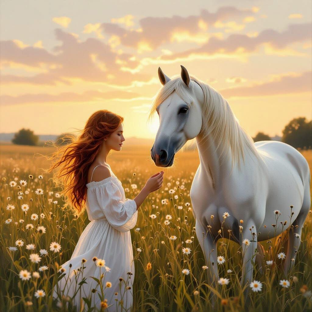 Serene Meadow Dawn: Woman and Horse in Golden Light