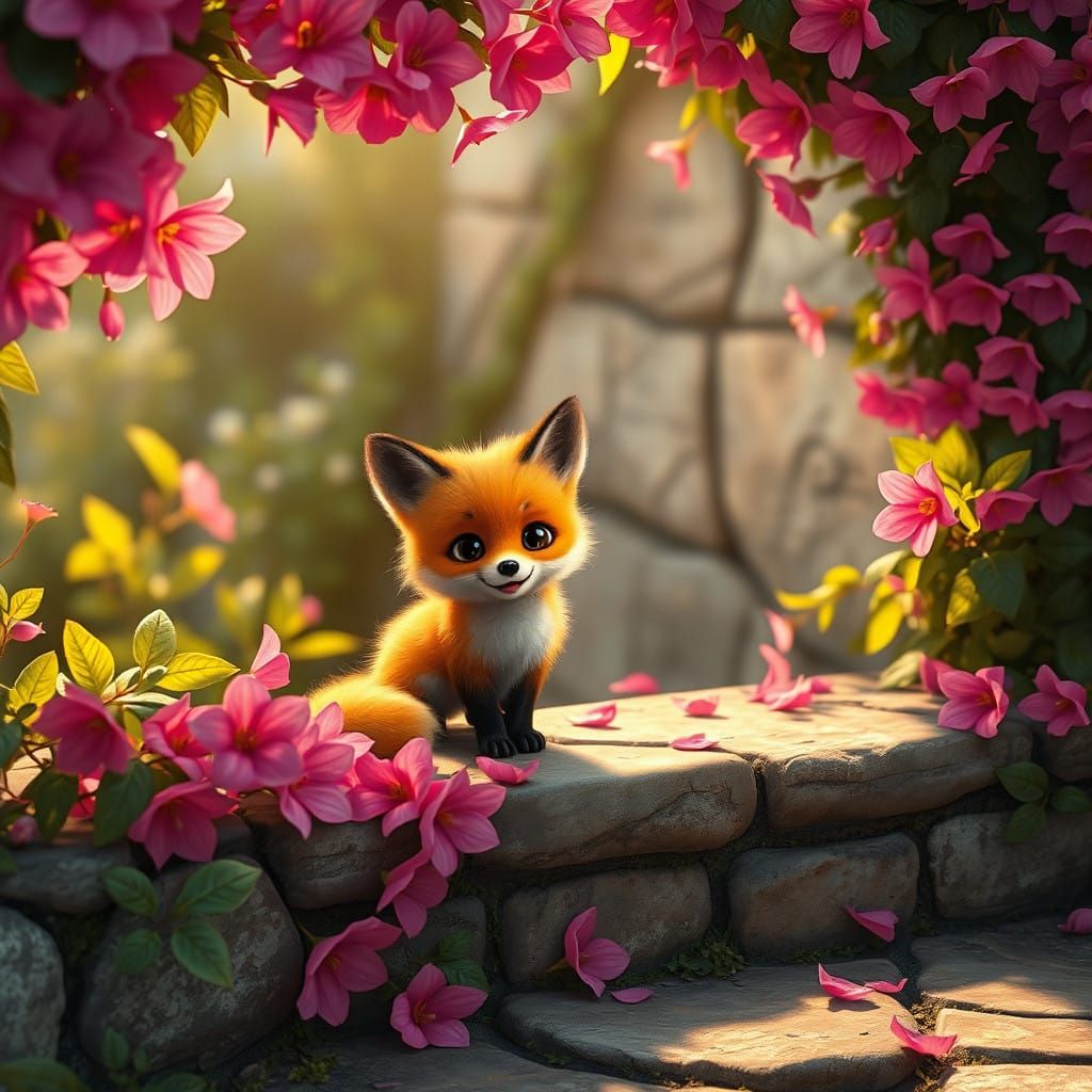 Whimsical Fox Surrounded by Vibrant Blooms in Matte Painting...