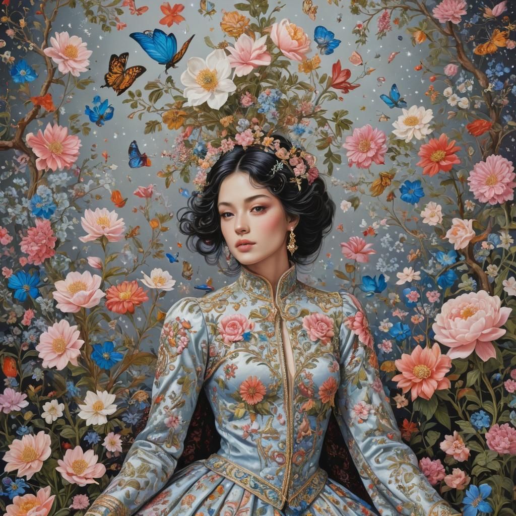 Princess with Floral Motifs in Miniature Painting Style