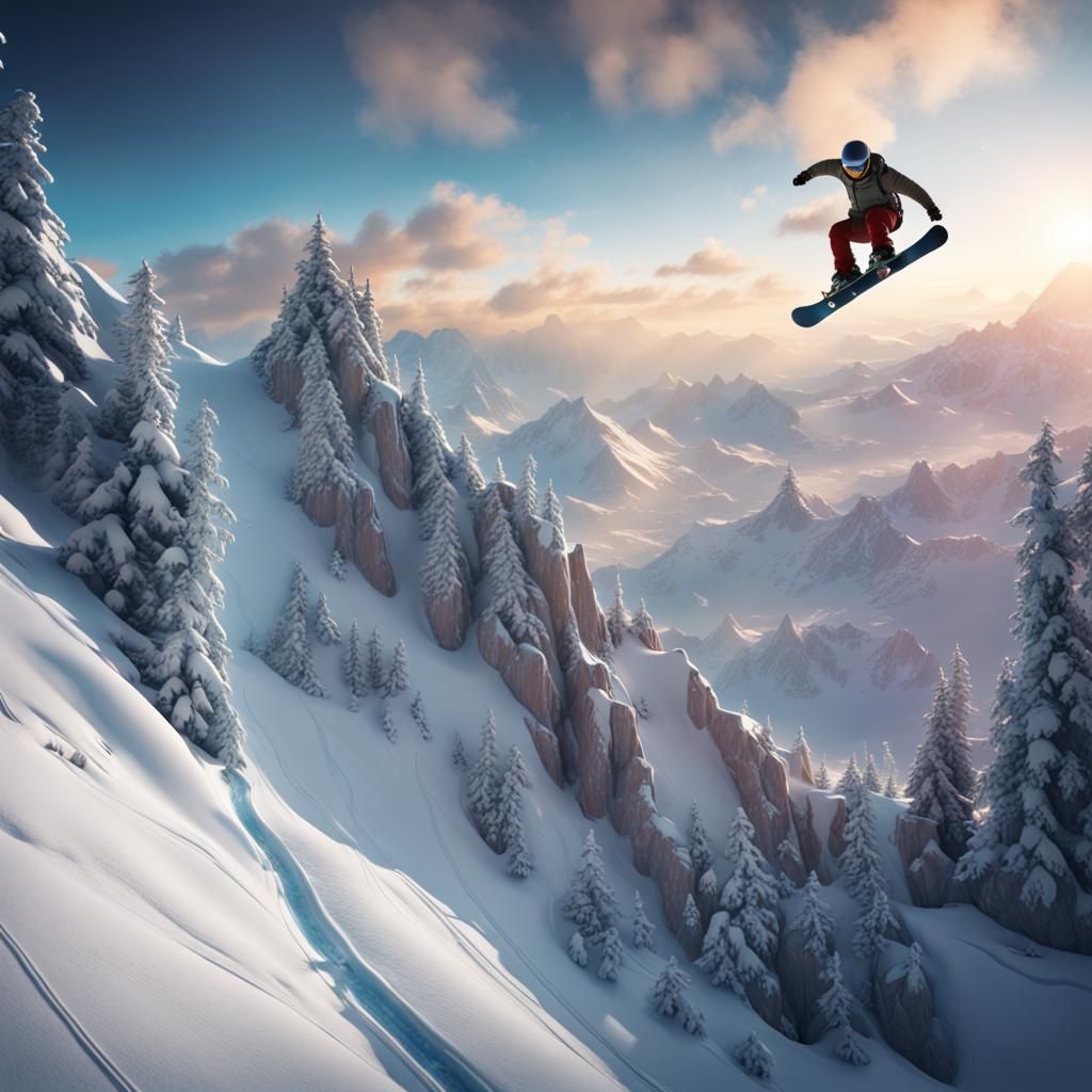 Snowboarder Soaring Through Sky: Detailed Matte Painting