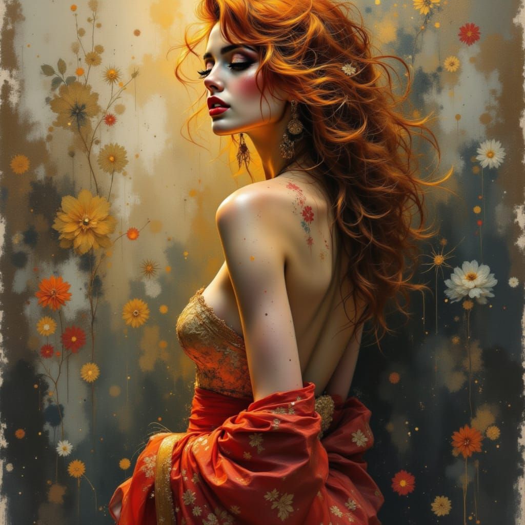 Elegant Woman in Ornate Tapestry, Henna Patterns