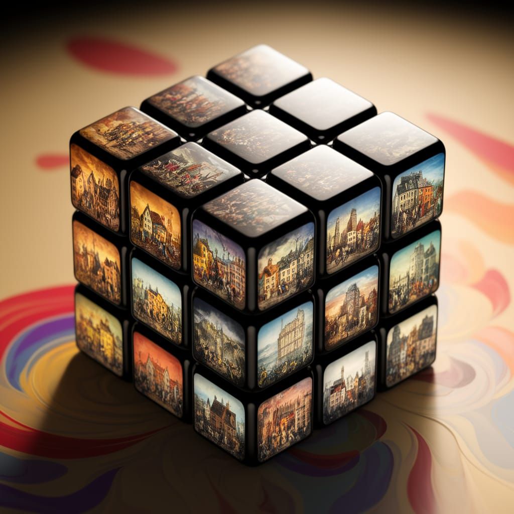 A Time-Traveling Rubik's Cube in Vibrant Digital Art