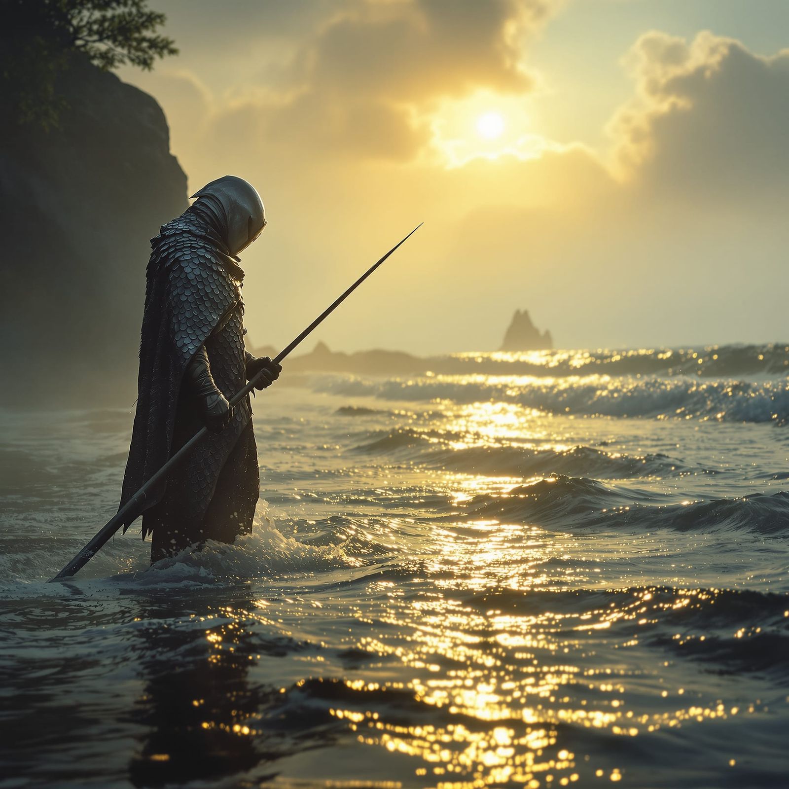 Photo-Realistic Fish Whisperer at Misty Sunset Shore