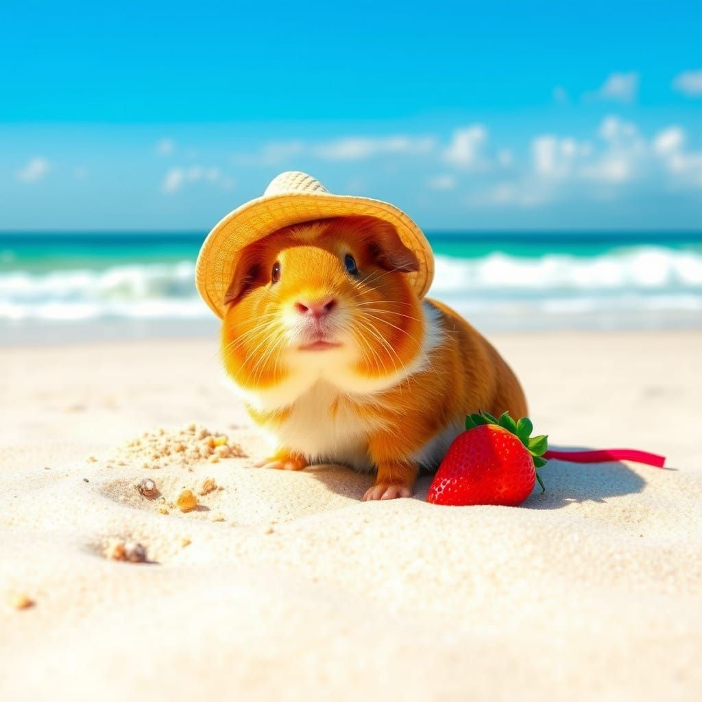 A Guinea Pig in a Hat Enjoys a Sunny Beach with Friends