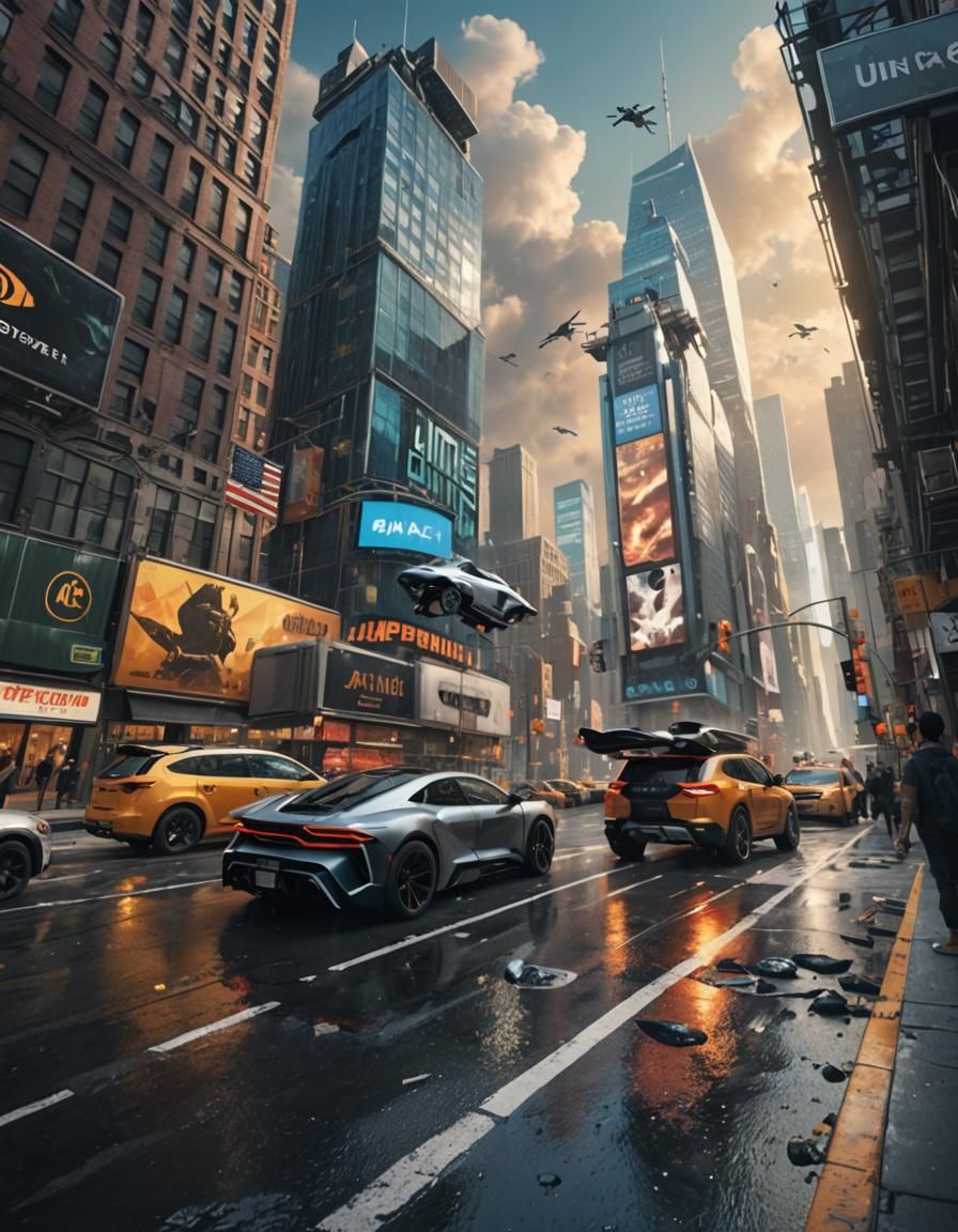 Futuristic New York City Street with Flying Cars