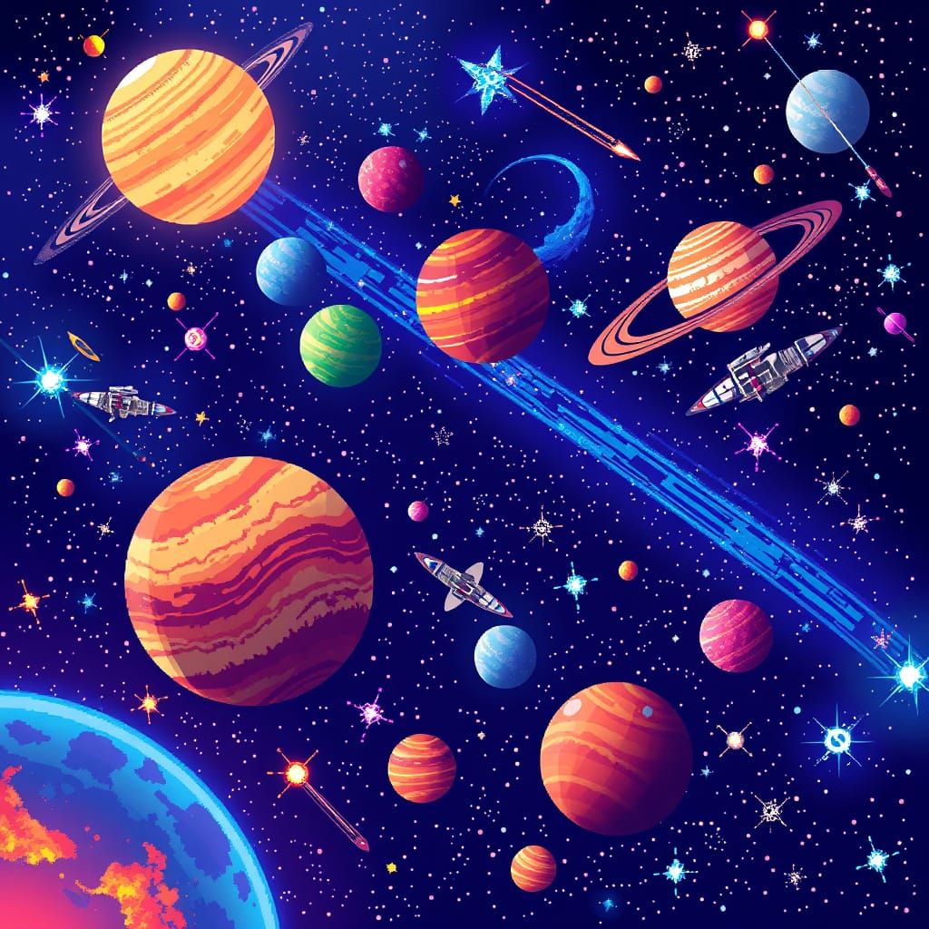 Cosmic Pixel Art Night Sky with Planets, Stars, Comets, and ...