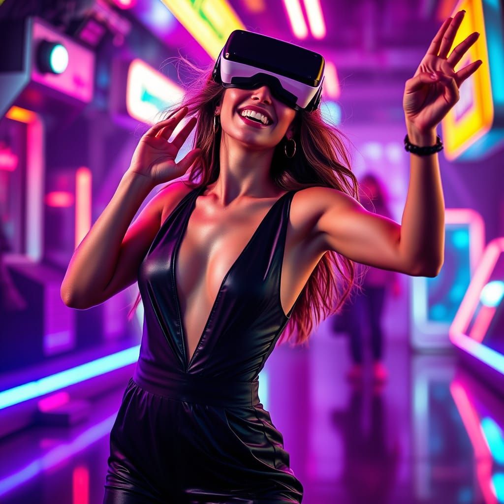 Woman Dancing in Virtual Reality with Neon Lights