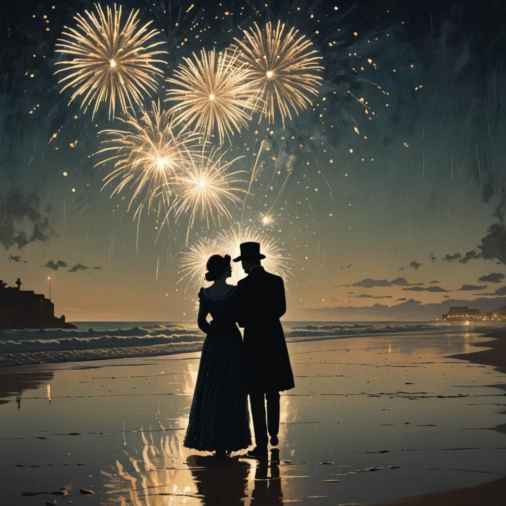 Victorian Couple Silhouetted by Fireworks on Beach