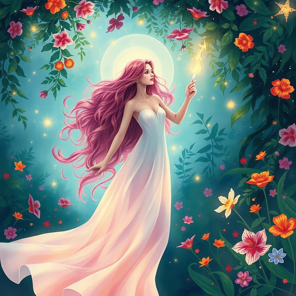 Mystical Woman Surrounded by Nature's Glow