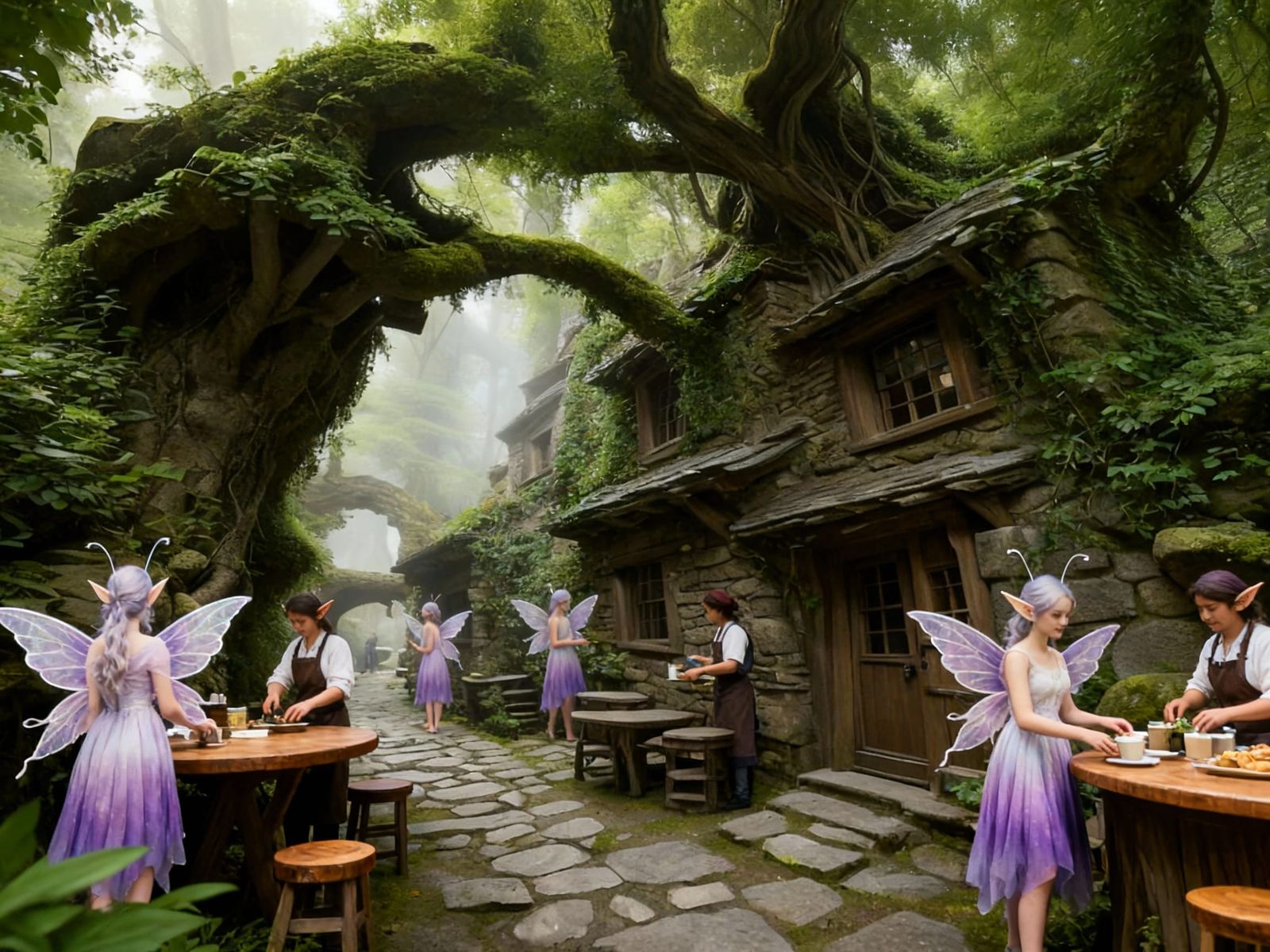 Enchanting Fairies as Workers and Customers in a Magical Set...