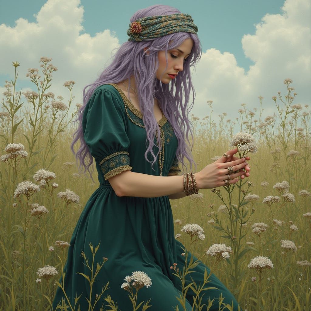 Pre-Raphaelite Woman Picking Wildflowers in Field