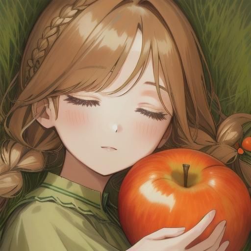 Girl Cuddling Cat in Meadow with Apples