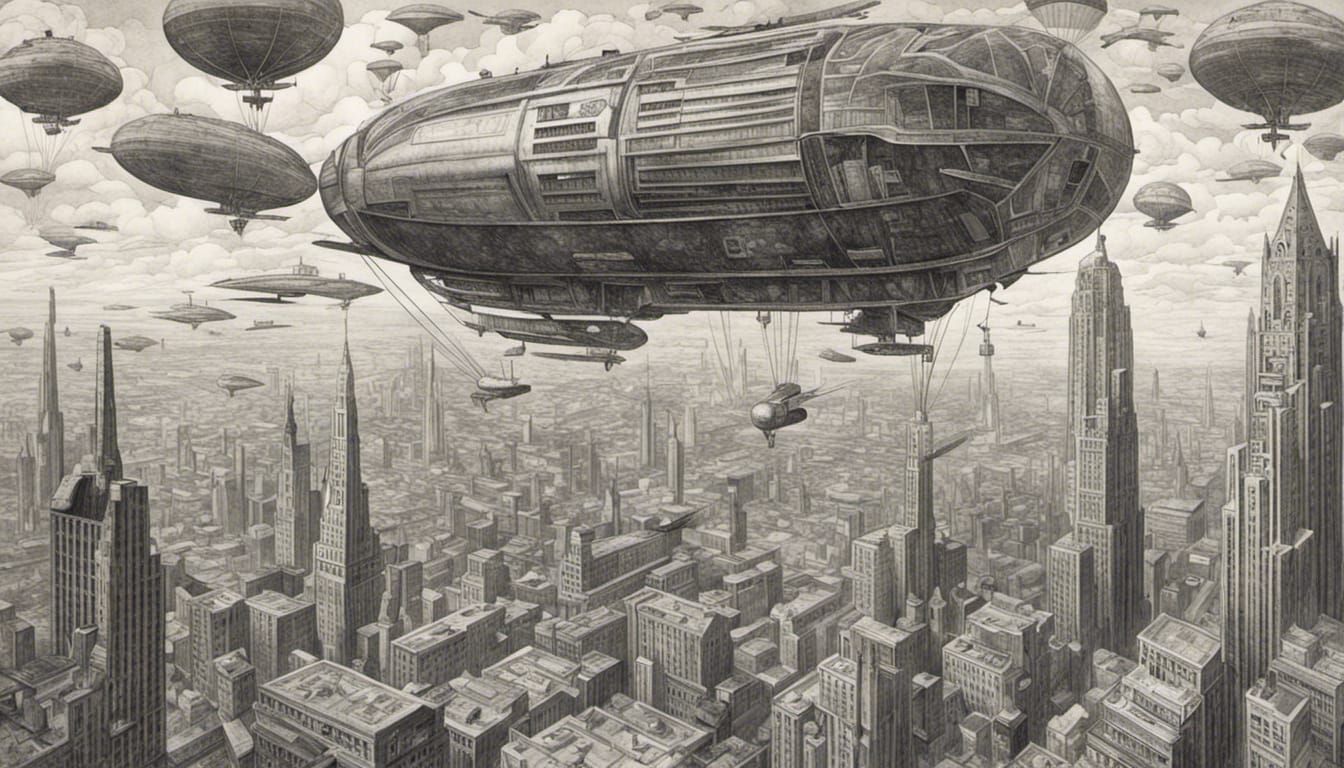 Futuristic 1920s Metropolis with Dirigibles, Pencil Illustra...