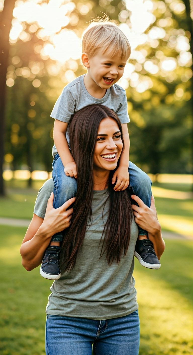 Joyful Mother and Son in Sun-Drenched Park