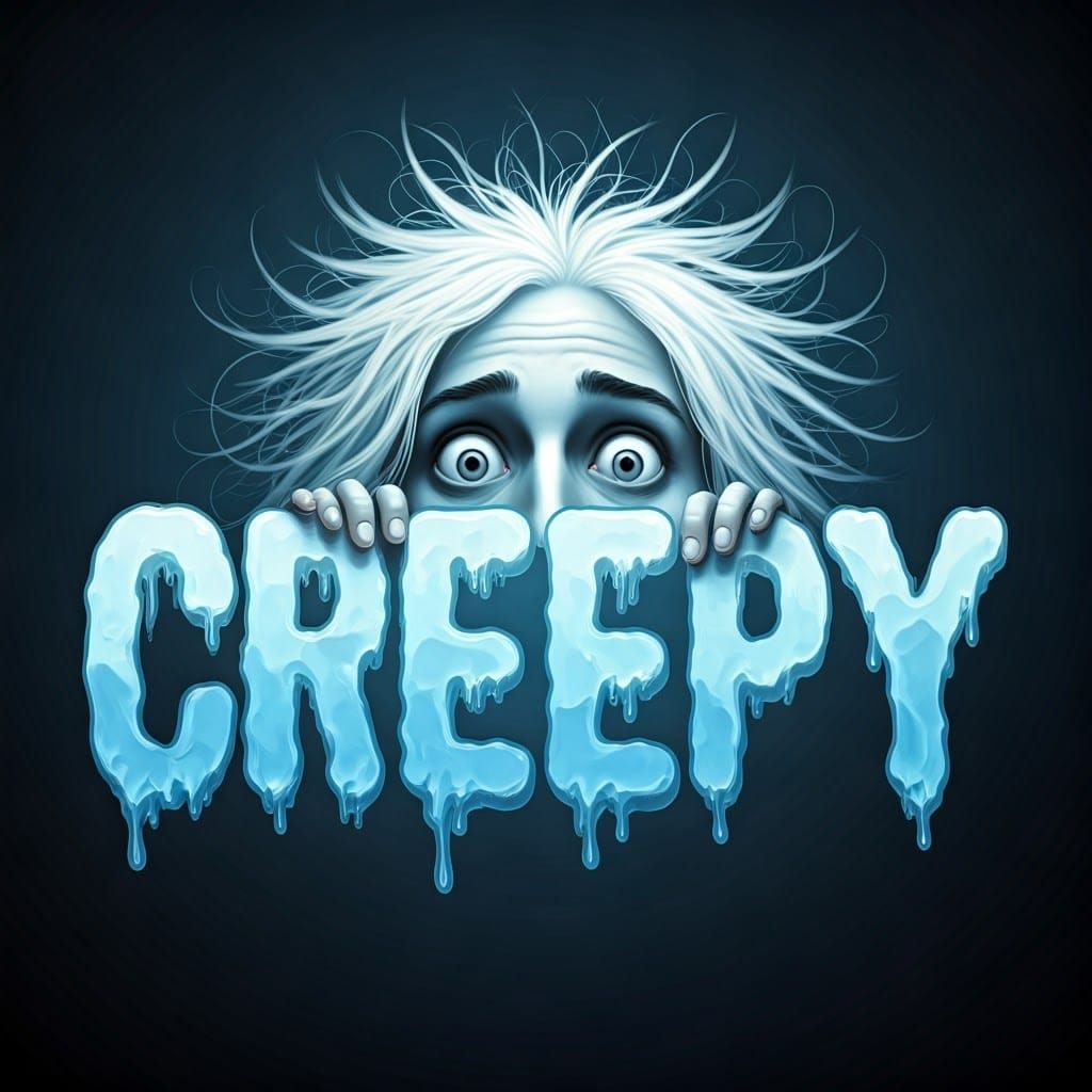 The word “CREEPY” in neon ICE BLUE liquid font where the letters appear to be made of water, using flowing shapes and tr...