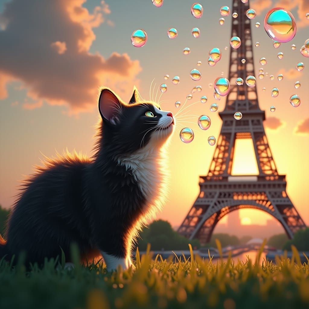 Cat Chasing Bubbles by the Eiffel Tower