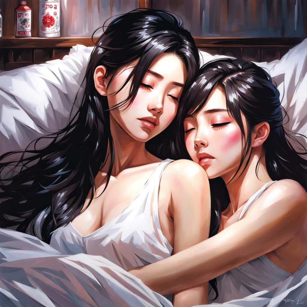 Realistic Painting of Two Women in Bed