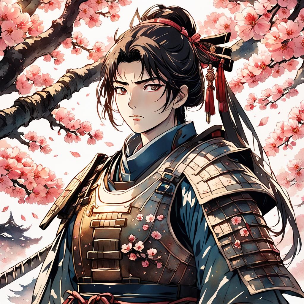 Samurai Woman Amidst Cherry Blossoms in Elegant Anime Style