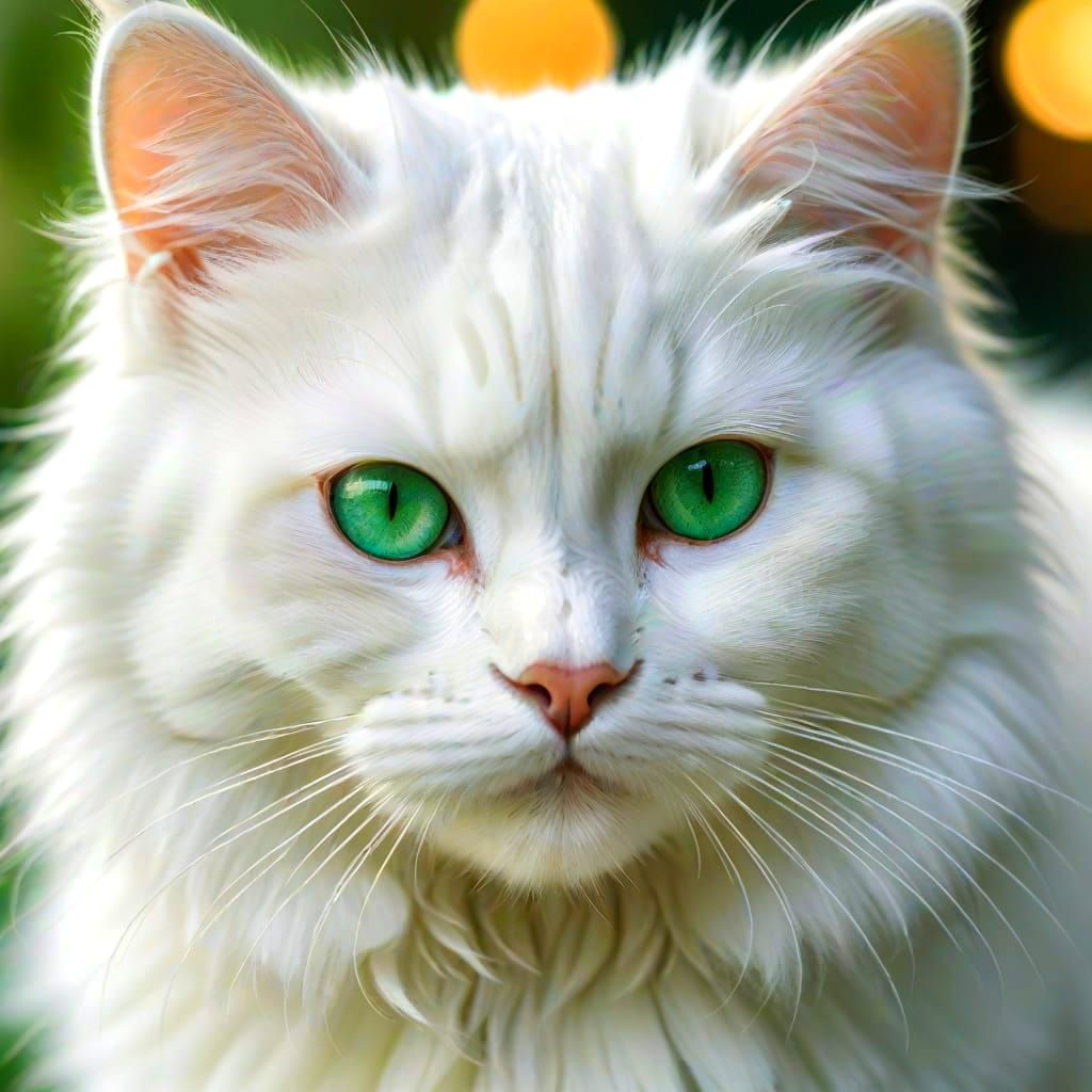 Whimsical White Cat in Emerald Green Gaze