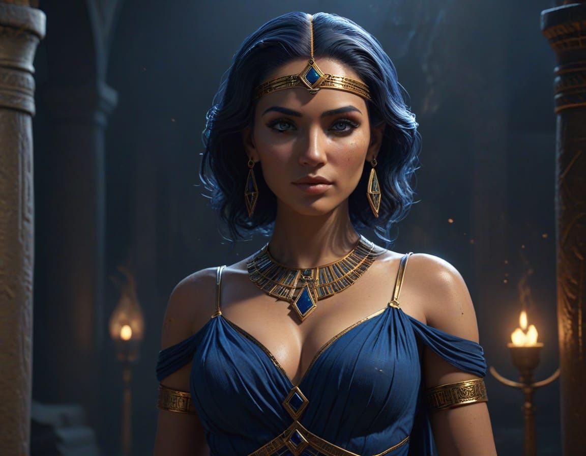 Egyptian Goddess in Deep Blue, Dark Fantasy Concept Art